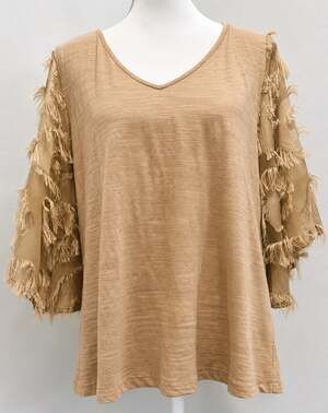 Andthewhy Women’s Small Tan Boho Fringe Bell Sleeve Top